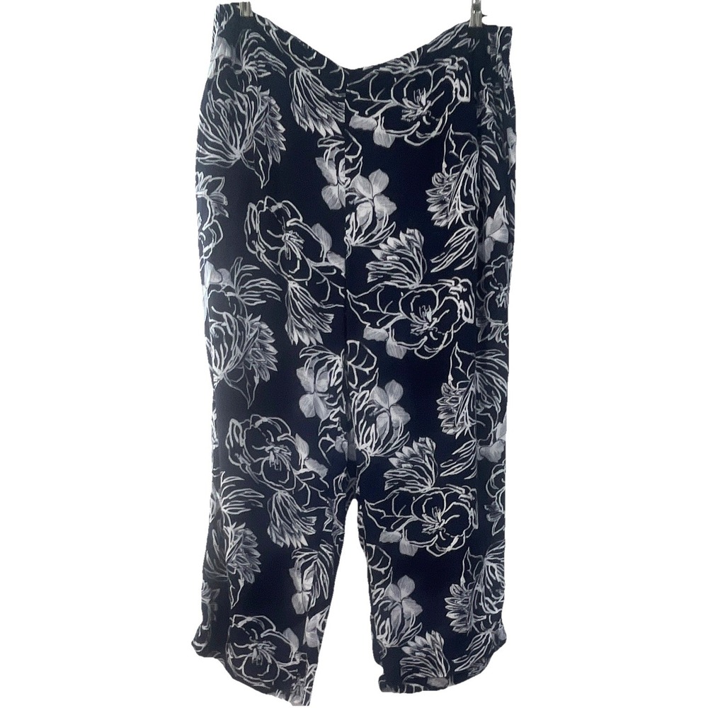 Chico's Elastic Waist Wide Leg 3 Floral Navy Blue White Pockets Beach Resort